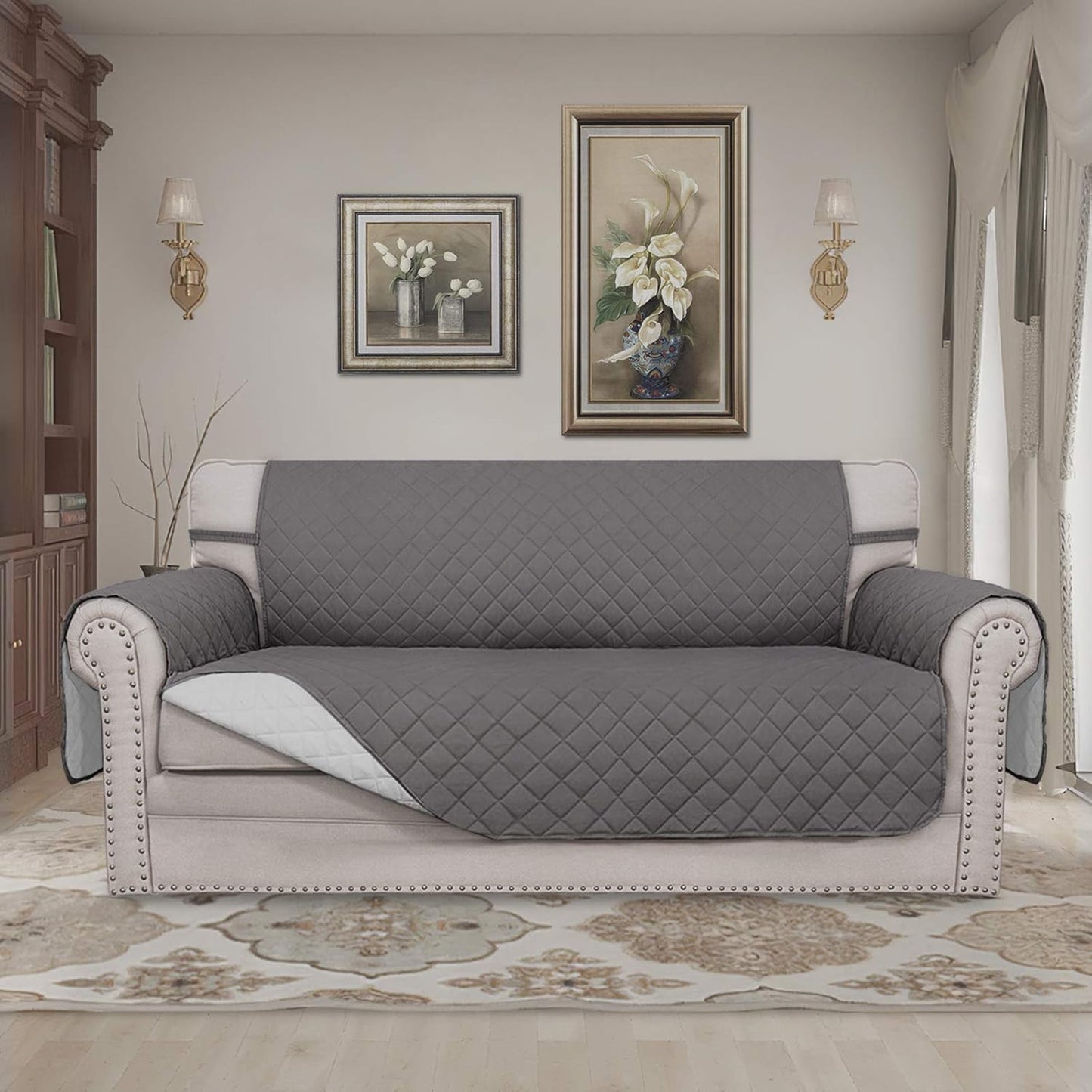 Easy-Going Sofa Slipcover Reversible Loveseat Sofa Cover Couch Cover for 2 Cushion Couch Furniture Protector with Elastic Straps for Pets Kids Dog Cat (Oversized Loveseat, Gray/Light Gray)