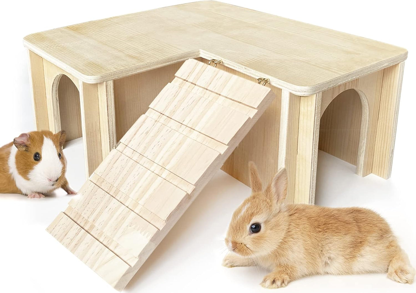 Guinea Pig Hideout and House: Multi Chamber Wooden Guinea Pig Castle with Ladder, Cage Accessories for Chinchilla Dwarf Rabbits Hamster Bunny and Others