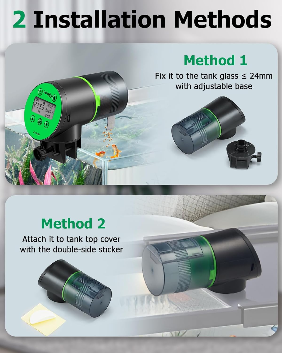 Automatic Fish Feeder for Aquarium, Auto Fish Food Dispenser with Timer and Feeding Ring, Moisture-Proof, Smart Fish Tank Vacation Feeder with 2 AAA Batteries