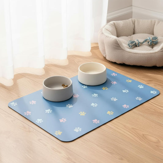 Cat Food Mat Absorbent Dog Mat for Food and Water Non Slip Quick Dry Dog Bowl Mats for Floors 24" X 16" Paw Lake Blue