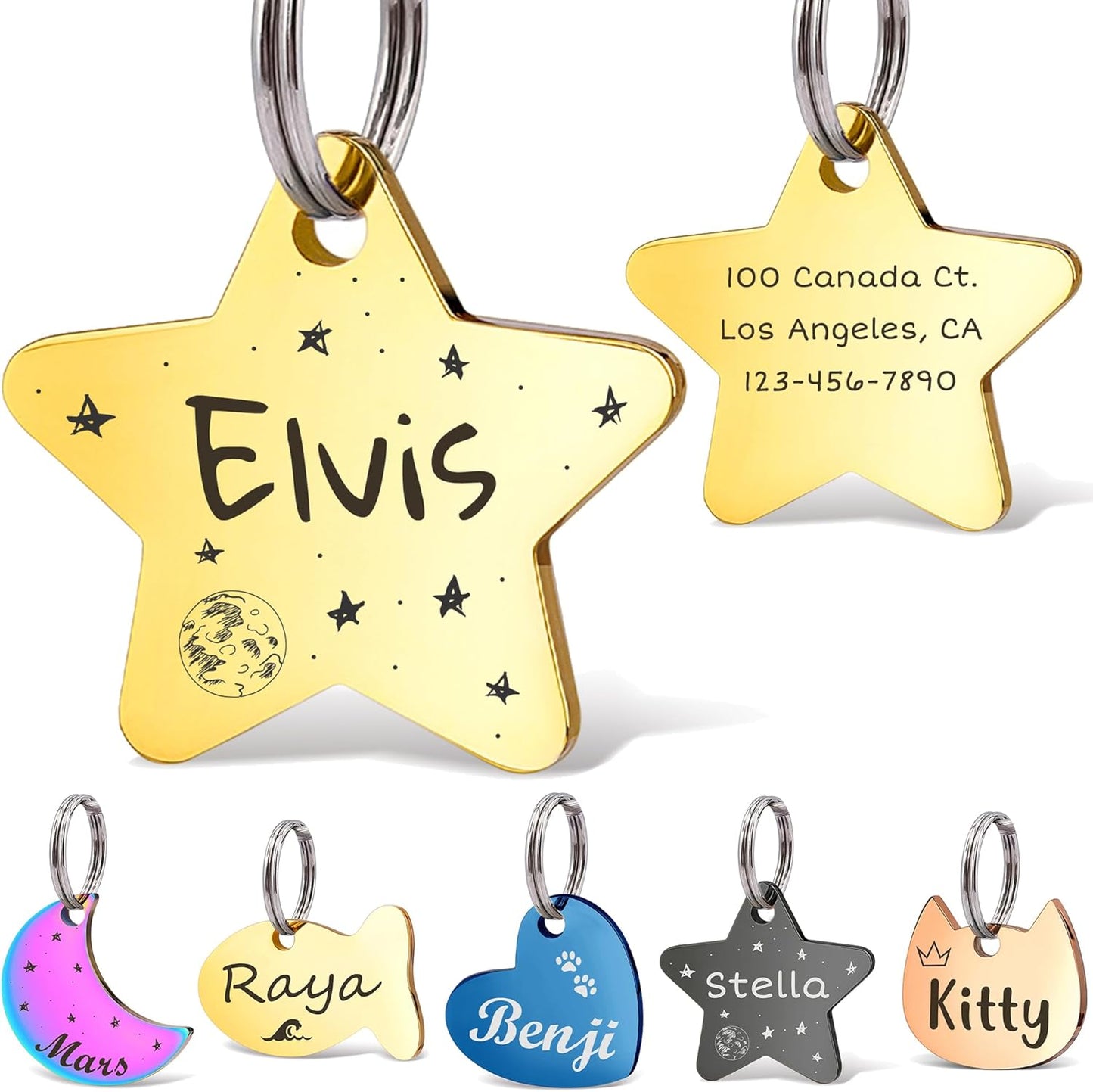 Anavia Small Size Dog Cat ID Tags, Small/XS Personalized Color Plated Stainless Steel Puppy Kitten Name Tags, Customized Engraved Nameplate Pet Collar Tag (Gold, Star)