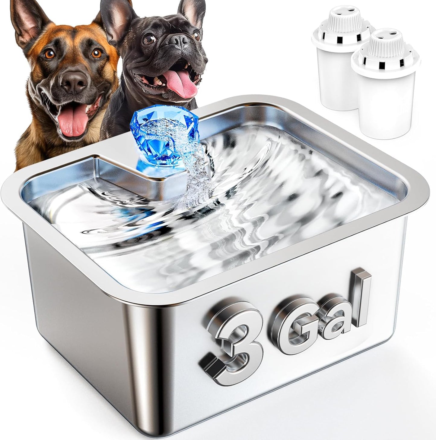 3 Gallon Large Dog Water Fountain, Stainless Steel Pet Water Fountain for Large Dogs, Automatic Big Dog Water Bowl Dispenser Drinking with 2 Filters, Easy to Clean, Quiet Pump