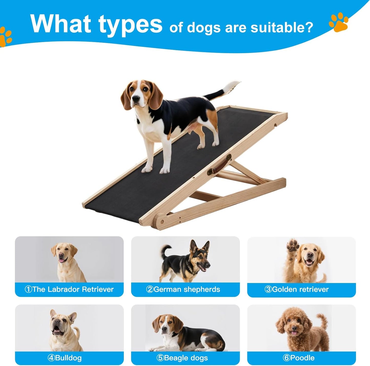 Dog Ramp for Bed and Couch, 5 Height Adjustable Solid Wood Pet Ramp for Small, Medium & Large Dogs, Collapsible Anti-Slip Dog Ramp for Sofa, Couch & Beds(Wood, 115)