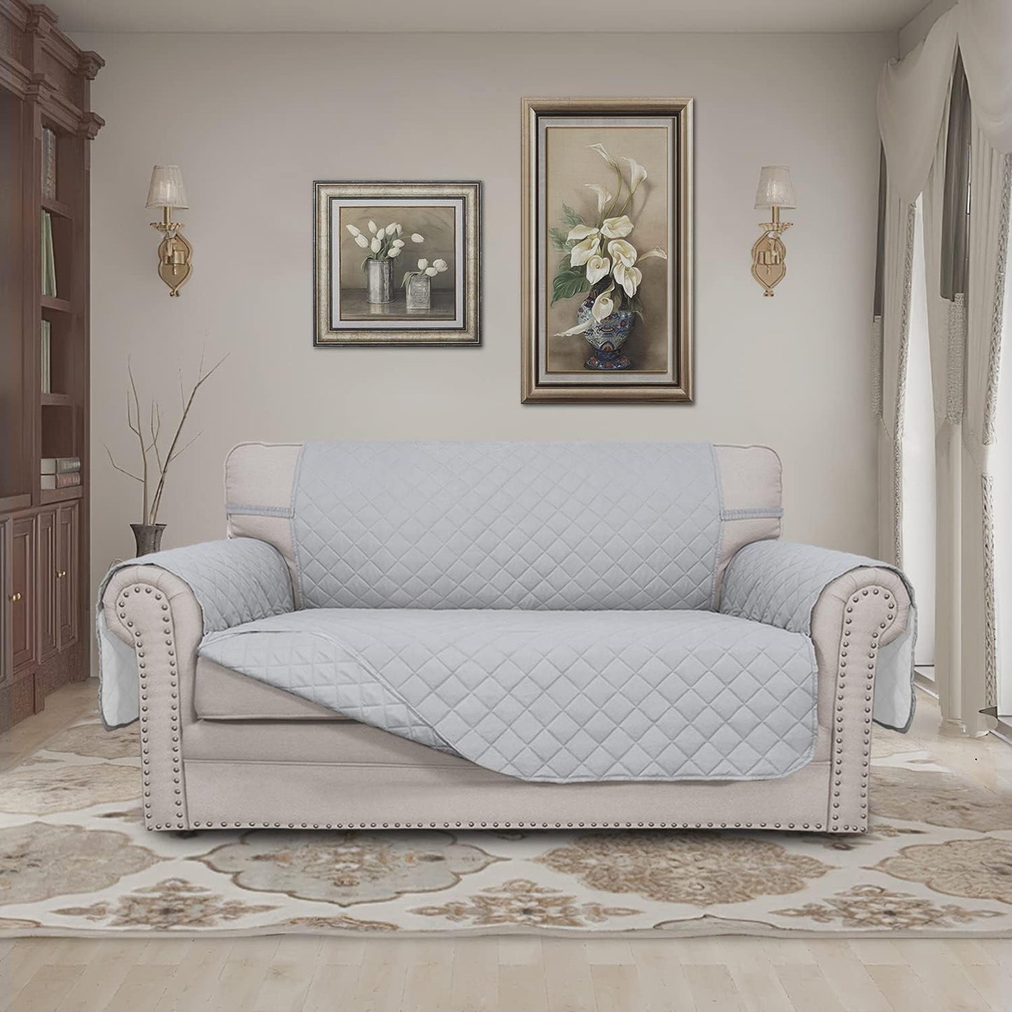 Easy-Going Reversible Loveseat Couch Cover for 2 Cushion Couch Sofa Cover for Dogs Water Resistant Furniture Protector with Foam Sticks Elastic Straps for Pet (Loveseat, Light Gray/Light Gray)