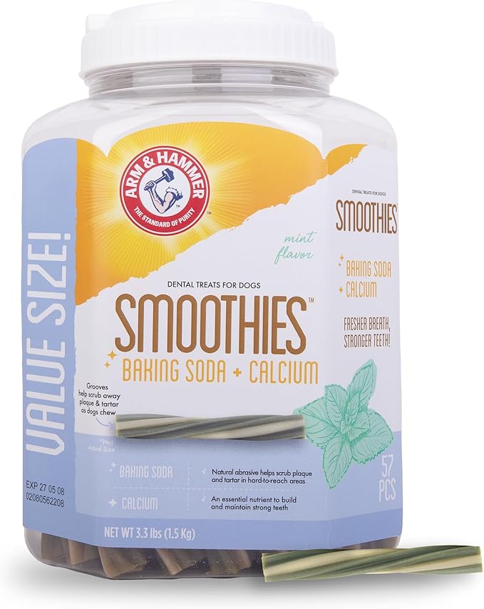 Arm & Hammer for Pets Smoothies Dental Treats for Dogs with Baking Soda and Calcium, Treat Chews Help Fight Bad Breath, Plaque & Tartar without Brushing, Mint, 57 Pcs (Packaging may vary)