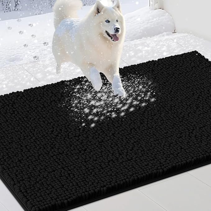 Dog Door Mats for Muddy Paws, Chenille Absorbent Dog Mats, Non Slip Heavy Mud Mat for Dogs, Soft Pet Mat for Entryway, Mud Paws, Inside Floor,48" x 38", Black