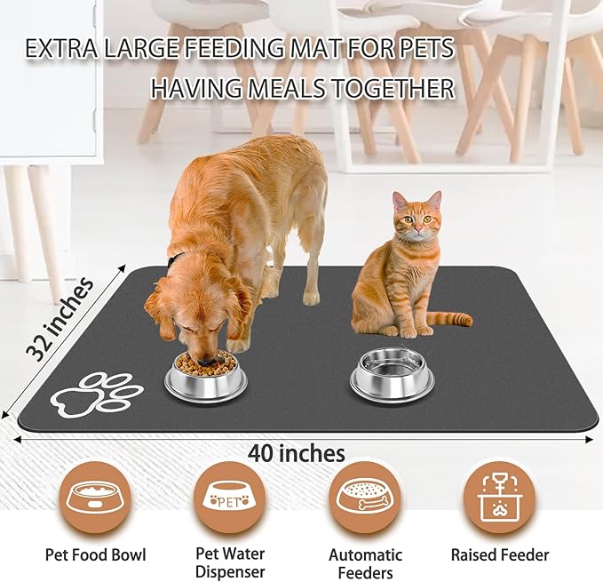 Dog Food Mat, Largest Absorbent Dog Mat for Food and Water, Non Skid Cat Bowl Mat, No Stains Quick Dry Pet Water Dispenser for Messy Drinkers (40"x32")