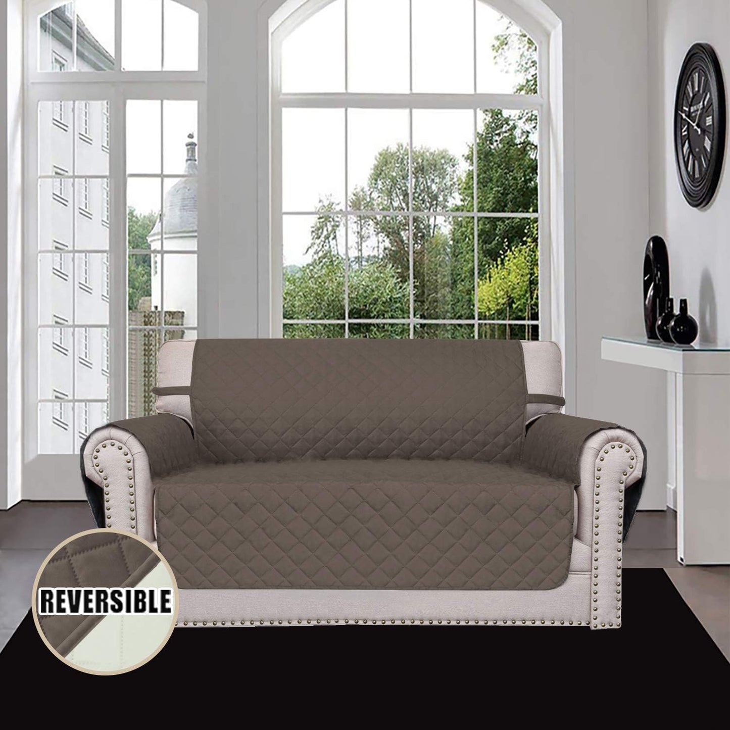 Easy-Going Reversible Loveseat Couch Cover for 2 Cushion Couch Sofa Cover for Dogs Water Resistant Furniture Protector with Foam Sticks Elastic Straps for Pet (Loveseat, Taupe/Ivory)