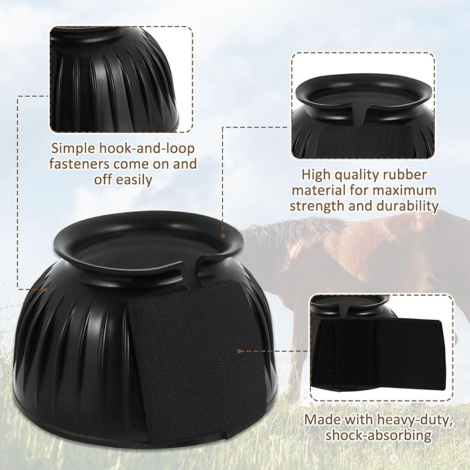 Abbylike Horse Bell Boots Protect Against Hoof Impact Trauma Rubber Bell Boots Horse Care for Turnout No Rub Design Comfort Quick Wrap Hook and Loop