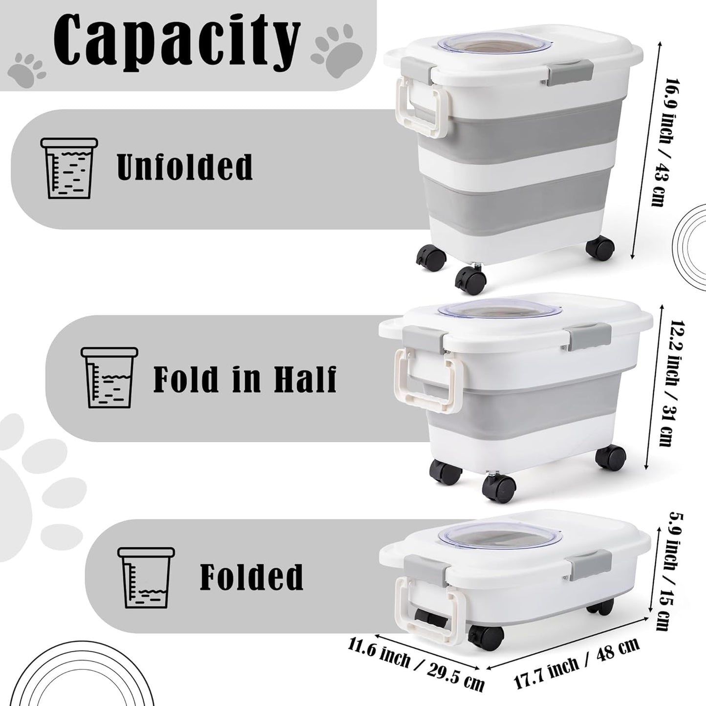 MALLMALL6 Dog Food Storage Container, Collapsible Pet Food Container with Spinner Wheels Scoop and Measuring Cup, Airtight Multifunctional Food Storage Container for Rice Dog Cat Pet Kitchen Dry Food