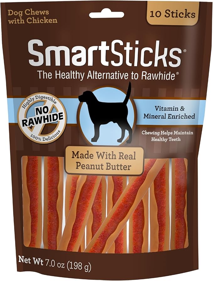 SmartBones SmartSticks With Real Peanut Butter Rawhide-Free Chews For Dogs, 10 Count