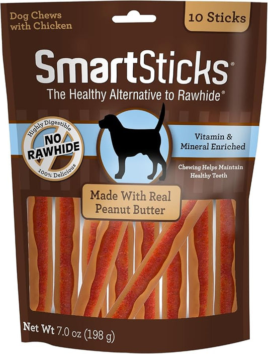 SmartBones SmartSticks With Real Peanut Butter Rawhide-Free Chews For Dogs, 10 Count