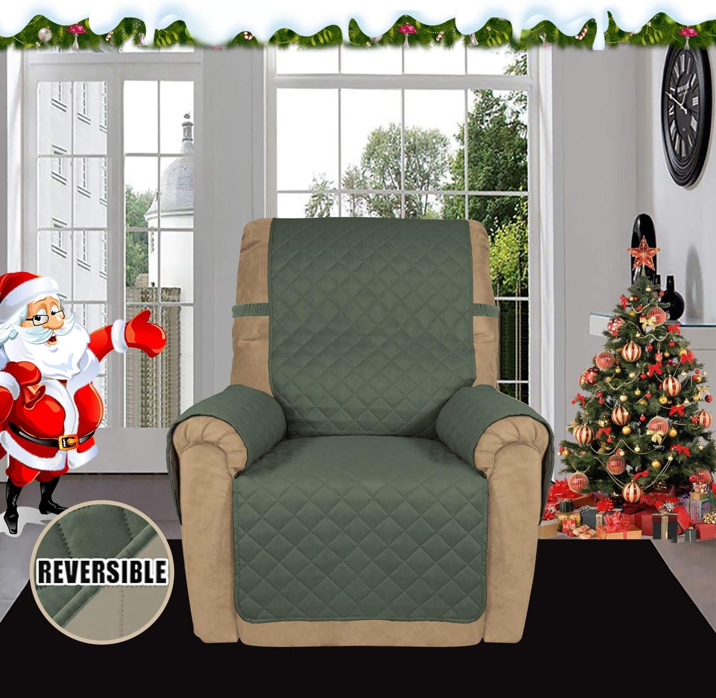 Easy-Going Recliner Sofa Slipcover Reversible Sofa Cover Water Resistant Couch Cover Furniture Protector with Elastic Straps for Pets Kids Children Dog Cat (Recliner, Greyish Green/Beige)