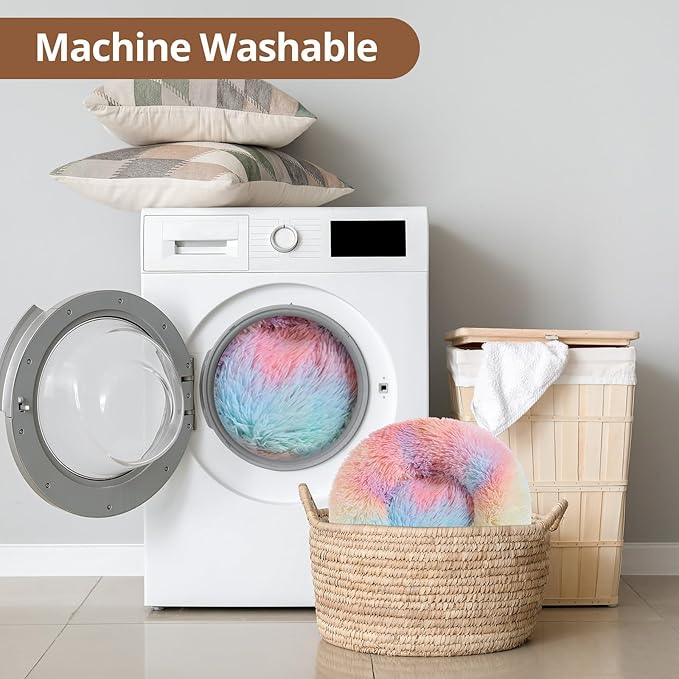 JOLLYVOGUE Large Calming Dog Bed, Anti-Anxiety Donut Cuddler Cat Bed with Anti-Slip Bottom, Fluffy Faux Fur Machine Washable Pet Cushion for Medium Large Dog & Cat, 36"/Rainbow