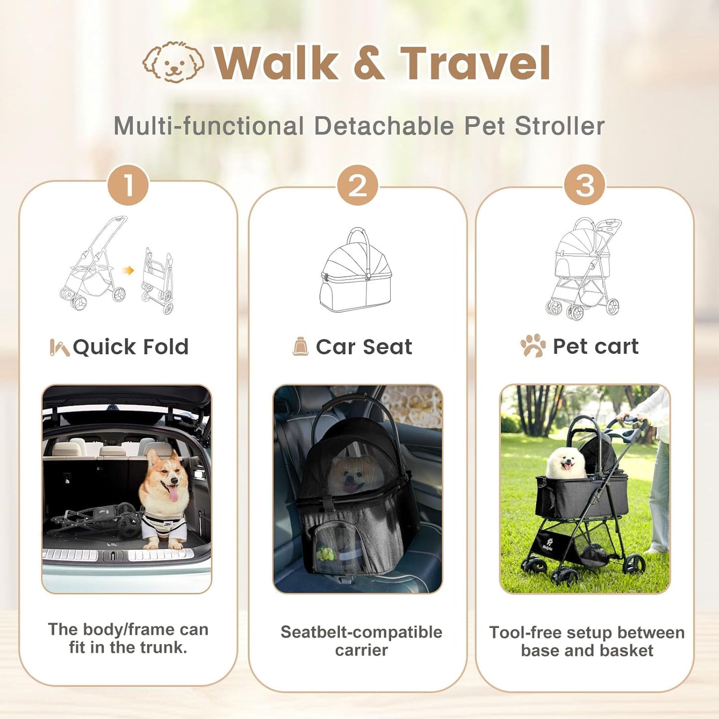 Pet Stroller, 4 Wheels Pet Strolling Cart for Medium/Small Dogs and Cats, Foldable Cat Jogger/Dog Stroller with Cup Holder, Storage Basket, Breathable Mesh, All-Season Pet Carrier (Black)