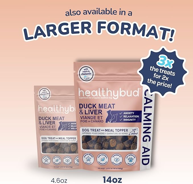 healthybud Calming Aid, Natural Duck Dog Treats & Toppers for Stress Relief - Dog Separation Anxiety, Stress Reduction - Support Calm, Immunity Health (4.6oz per Pack 2-Pack)