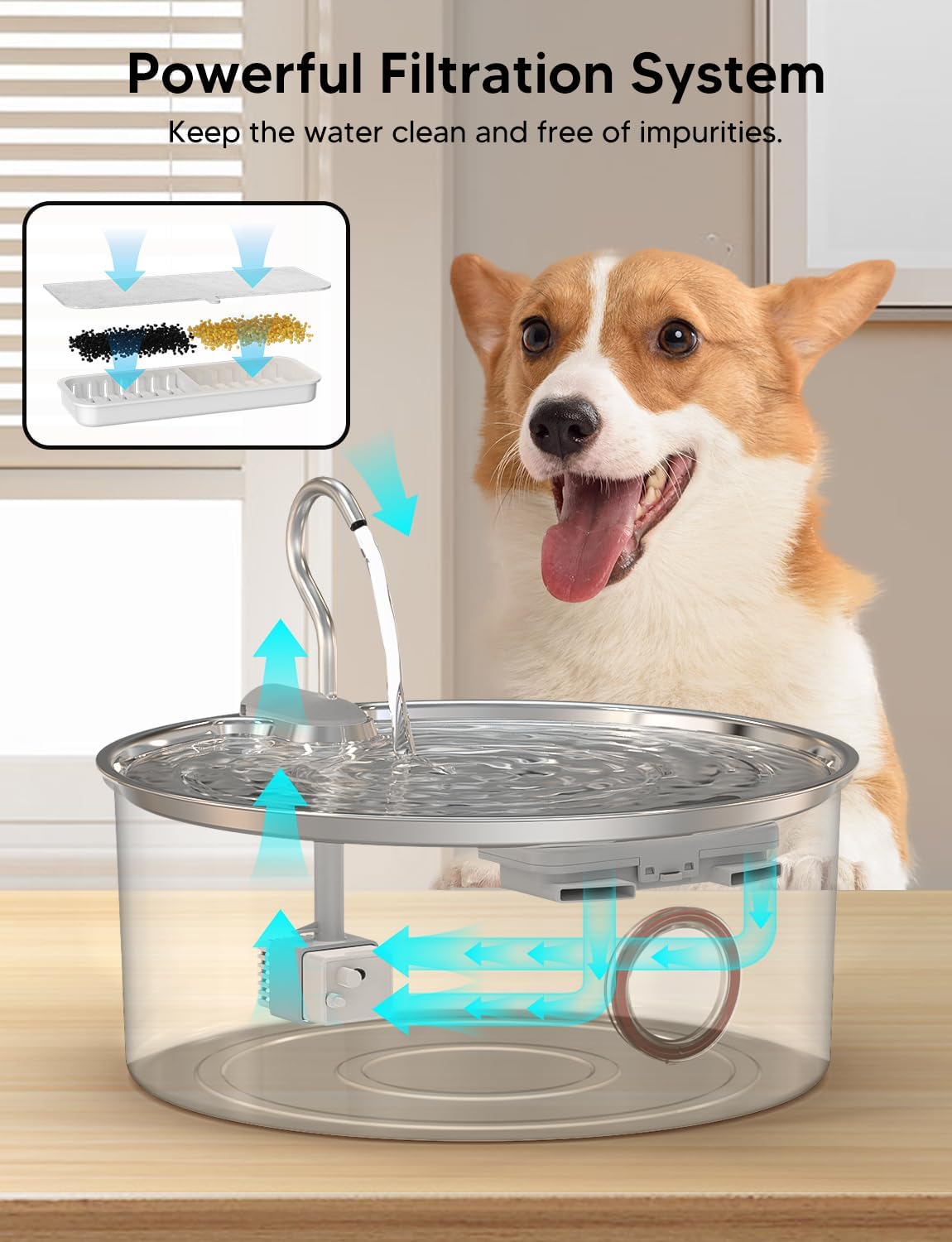 Dog Water Fountain for Large Dogs- 8L/270oz Stainless Steel Dog Fountain Dispenser Automatic Pet Water Bowl with Ultra-Quiet Pump/Quadruple Filtration for Large Pups Cats & Multi-Pet