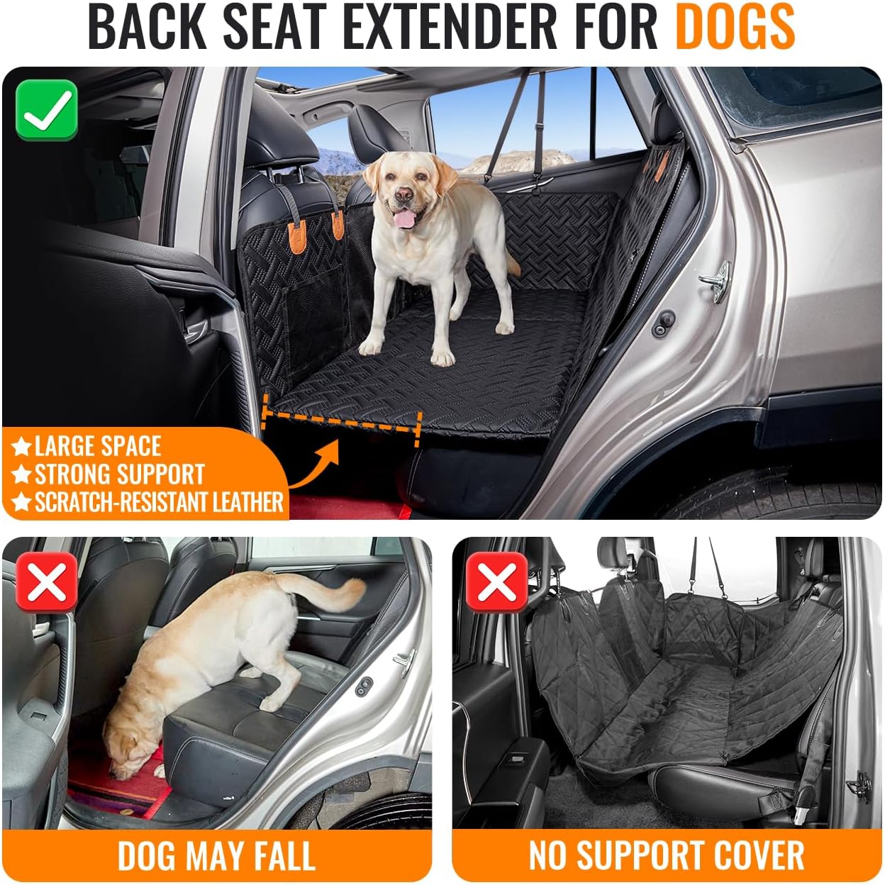 Dog Back Seat Extender,Backseat Pet Cover for Dogs,Rear Dog Car Seat Cover for Back Seat,Hard Bottom Car Seat Cover for Dogs, Dog Hammock for Car