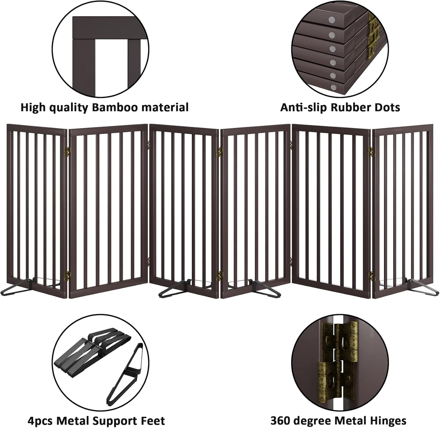 Dog Gate for Doorways 32" Tall Freestanding Dog Gate for Stair Foldable Pet Gate for Dogs Indoor (Brown,6 Panel)