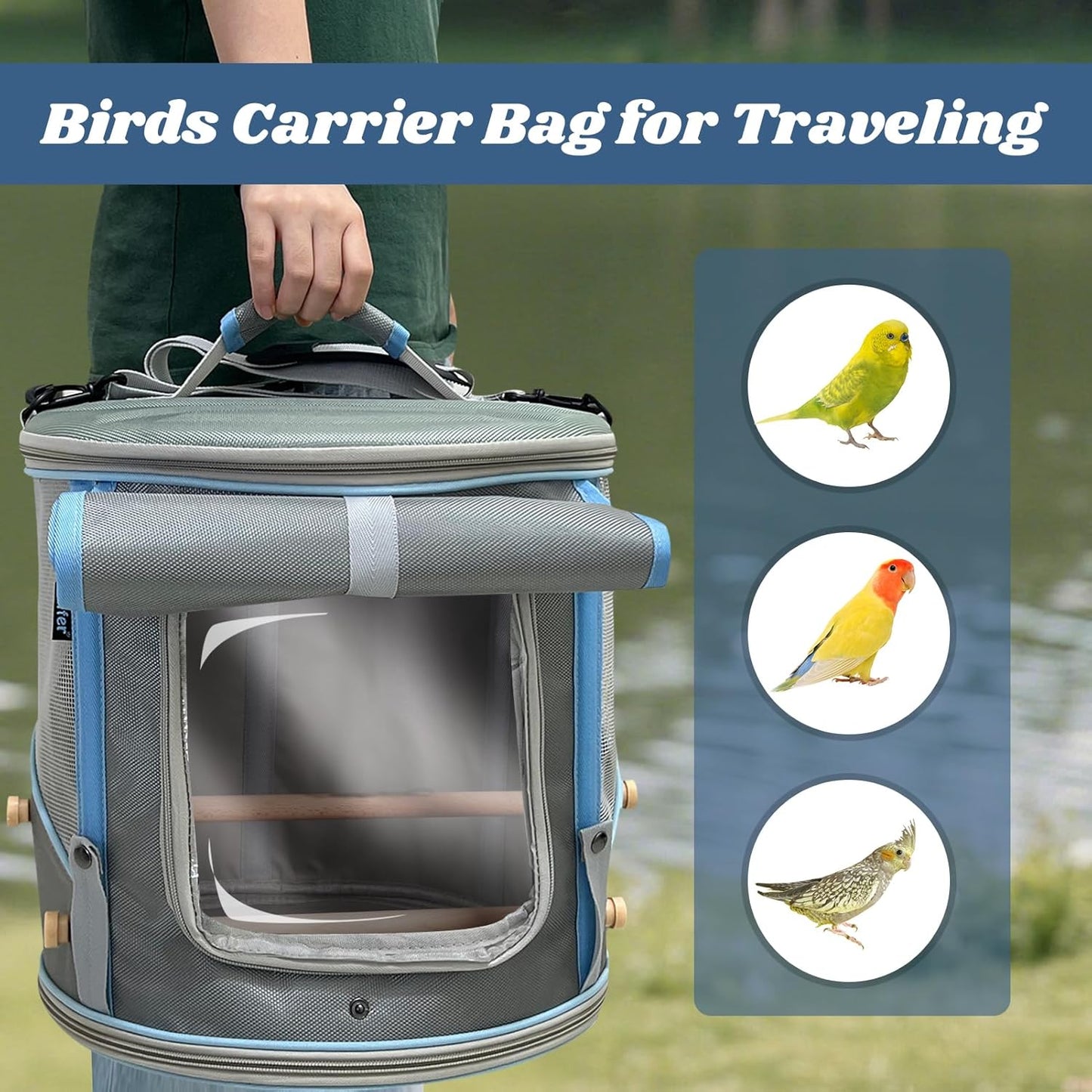 Bird Carrier with Clear Windows, Large Size, Portable Handle, 10 Ventilation Holes, Wooden Perch, Metal Tray, Side Access (Grey Oxford, Medium)
