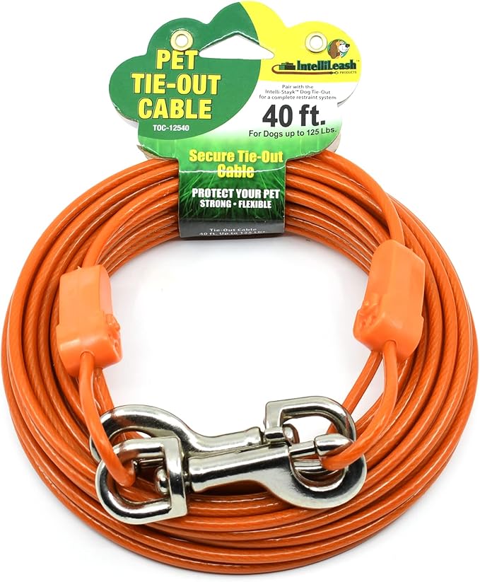 40FT Tie-Out Cables for Dogs - Strong, Safe, and Durable Dog Tie-Outs for Small Dogs up to 125 Pounds - Weather and Wear Resistant Galvanized Aircraft Cable for Outside Use