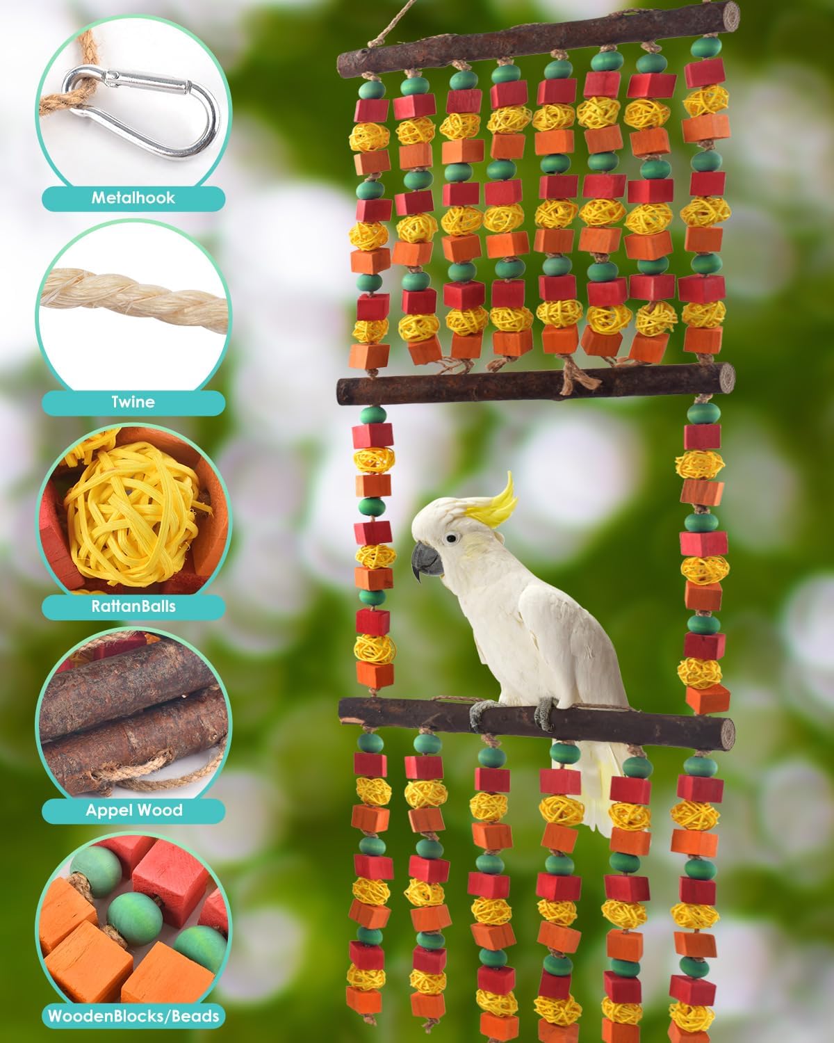 43" Extra Large Bird Parrot Toys, Multicolored Wooden Blocks Chewing Toy with Rattan Balls and Perches for Macaws, African Greys, Cokatoos, Amazon Parrots and Small Medium Parakeets