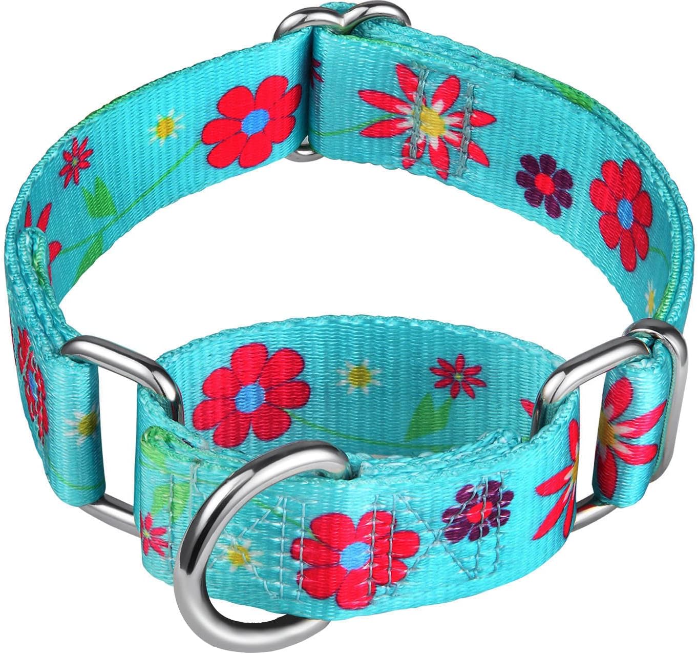 Martingale Collar Floral Print Puppy Dog Collar - No Pull Pet Collar, Heavy Duty Adjustable Dog Collar, Small, Neck 10 Inch -15 Inch, Sun Flowers (Teal)
