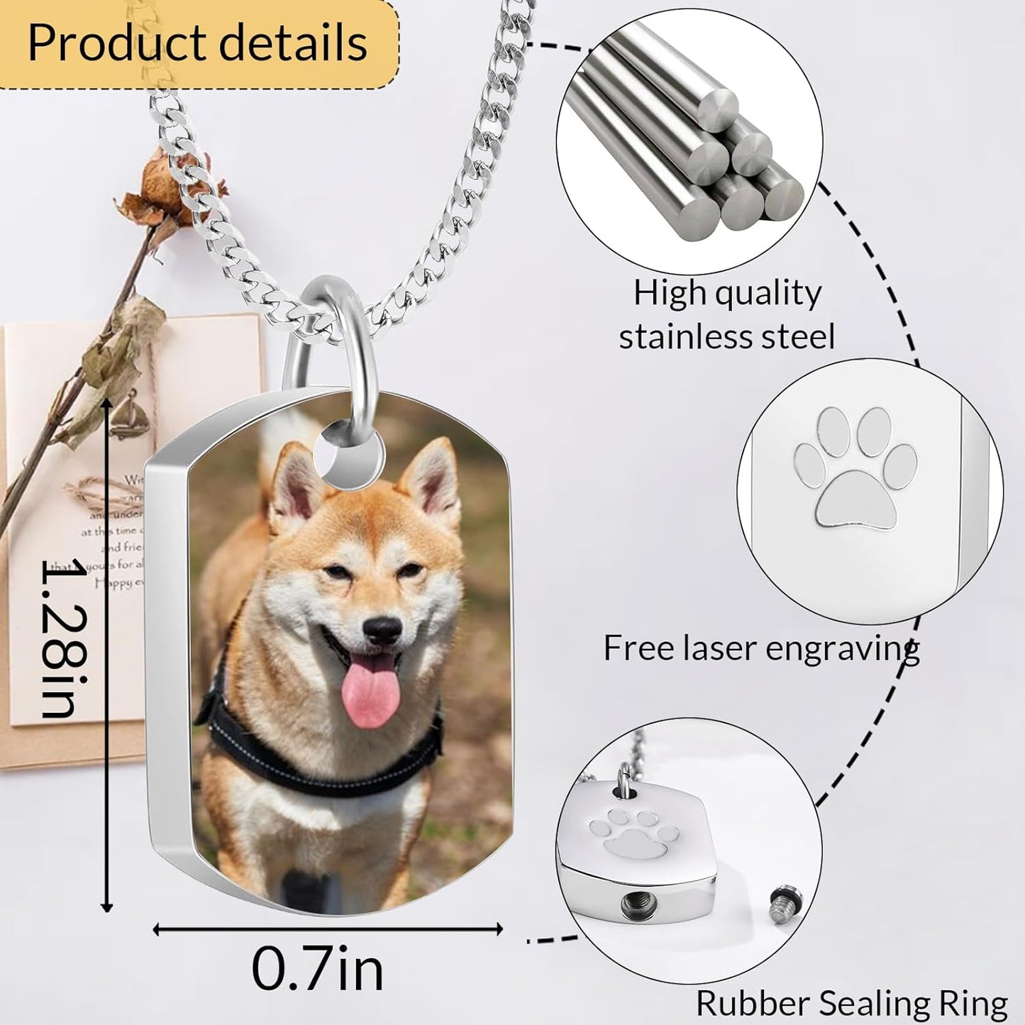 Personalized Pet Urn Necklace for Dog Ashes Custom Engraving Photo Text Pet Cremation Jewelry Customize Memorial Gift for Pet Dog Cat Ashes Necklace(04-Silver)