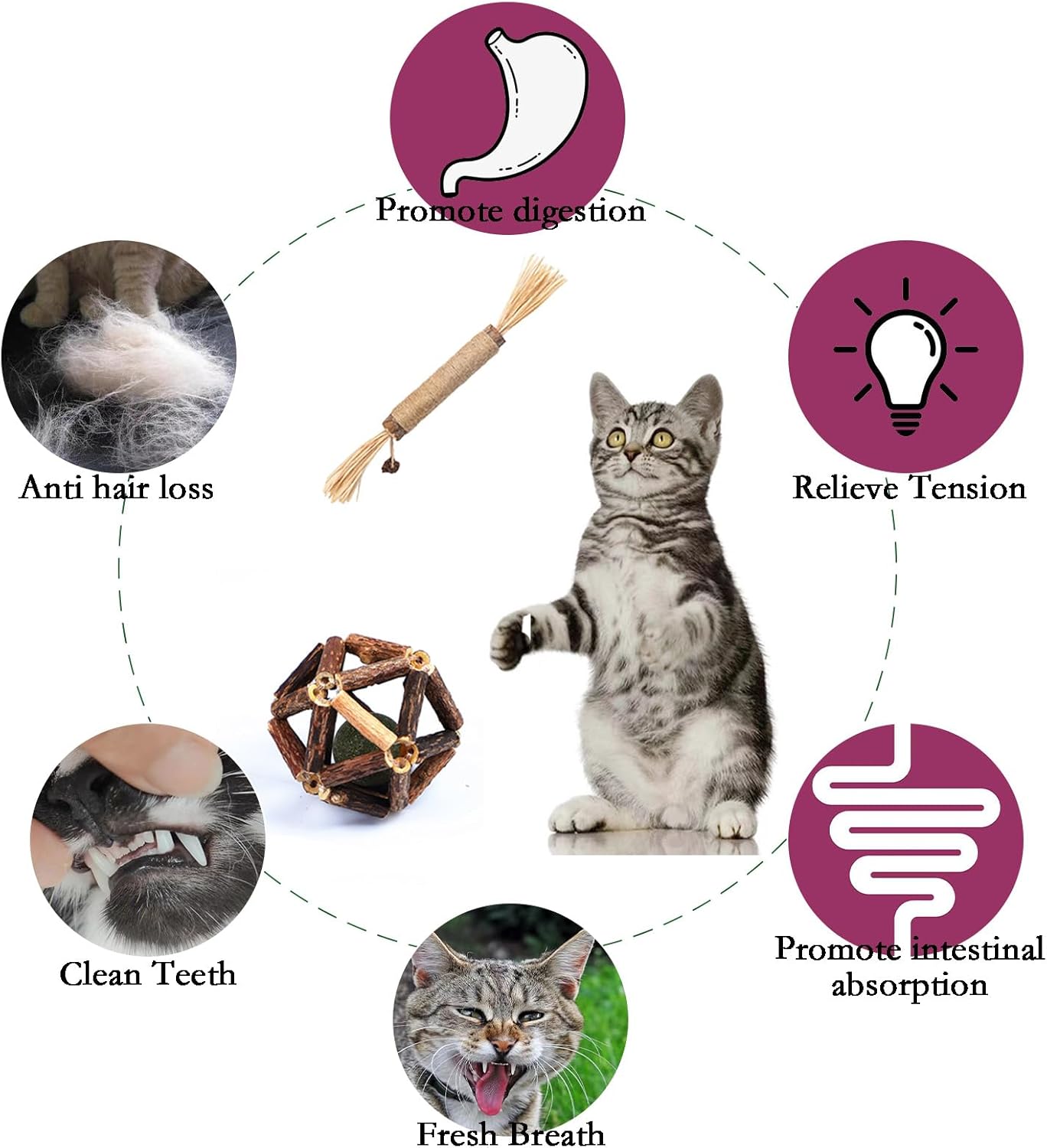 Cat Chew Toys, 4-Pack Silver Vine Cat Toys, Natural Silver Vine Sticks for Cats, Natural Silver Vine Stick Cage Cat Bell Balls for Cleaning Teeth, Increase Appetite, Suitable for Indoor Cats