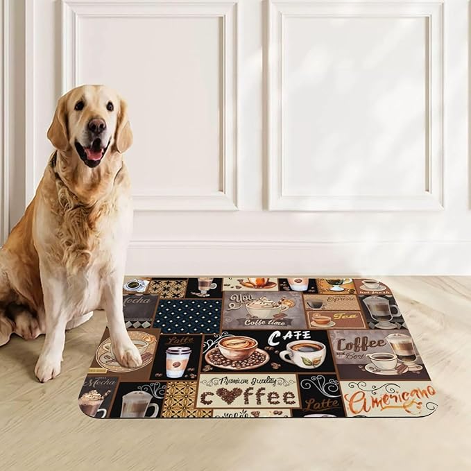 Boho Coffee Dog Food Mat Absorbent Bowl Mats No Stains Quick Dry Waterproof Pet Cat Placemats for Food and Water, 30x45cm