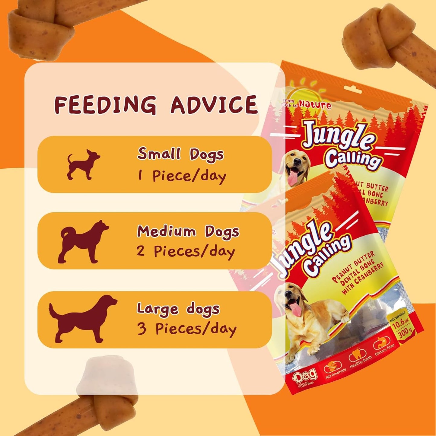 Jungle Calling Rawhide Free Dog Treats, Peanut Butter Bones, 6.5'' Pet Chews for Medium and Large Dogs,Digestible Chewing Snacks,4 Count (Pack of 1)