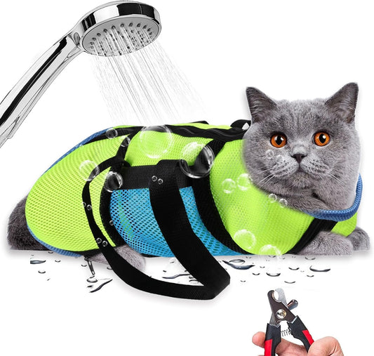 AWOOF Cat Grooming Bag Adjustable Cat Bathing Bag Anti Scratch Bite Polyester Soft Durable Mesh Cat Shower Bag for Small Medium Large Cats