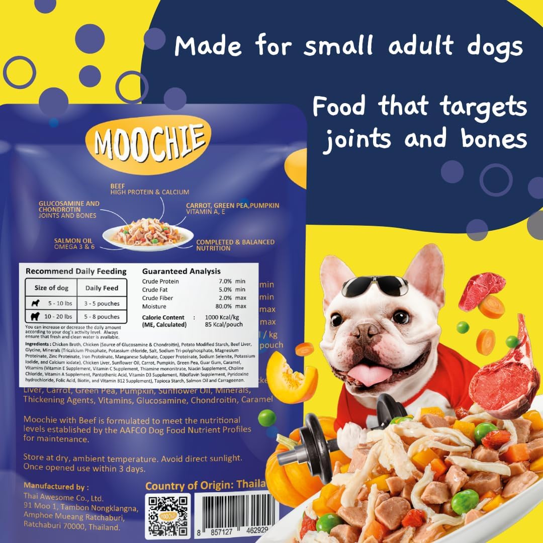 MOOCHIE Grain Free Small Dogs Wet Dog Food - Fit and Firm - Real Beef & Vegetables - No Artificial Flavors or Preservative - 12 x 3 oz Pouch