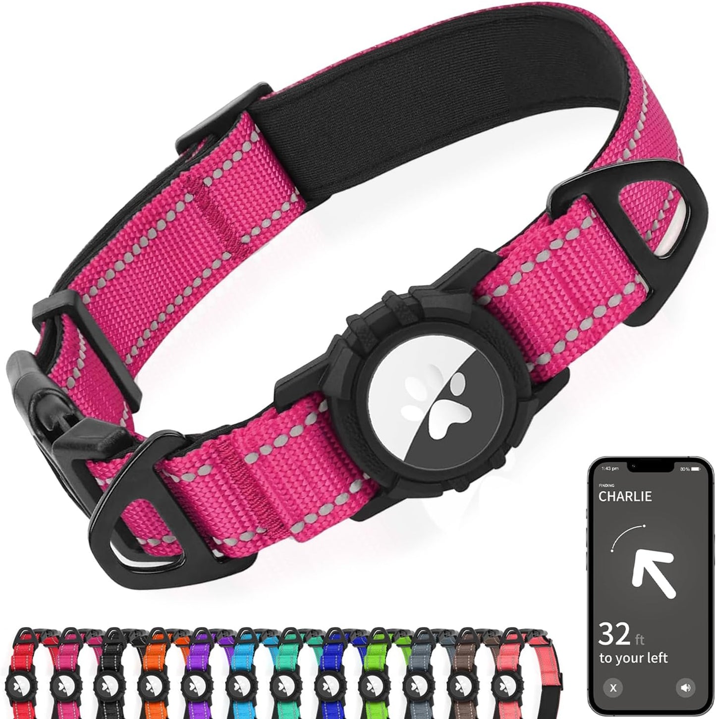 Joytale Airtag Dog Collar, Reflective Pet Collar with Waterproof AirTag Holder, Dual D-Rings, Soft Padded Adjustable for Extra Small and Puppy Dogs, Hotpink, XS