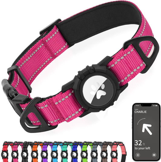 Joytale Airtag Dog Collar, Reflective Pet Collar with Waterproof AirTag Holder, Dual D-Rings, Soft Padded Adjustable for Extra Small and Puppy Dogs, Hotpink, XS