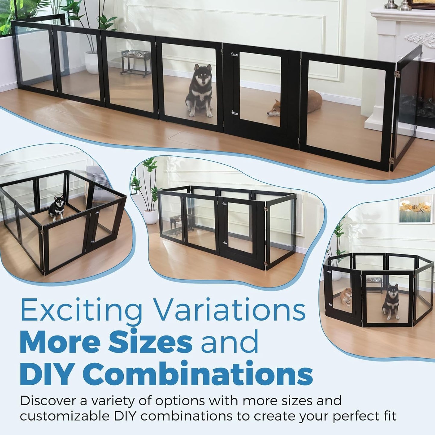 Heavy Duty Clear Acrylic Dog Playpen, Transparent Pet Pen, Metal Frame Easy Assemble Kennel Enclosure, Ideal for Small to Medium Dogs, Cats, and Other Small Pets (Black, 6 Panels with Door)