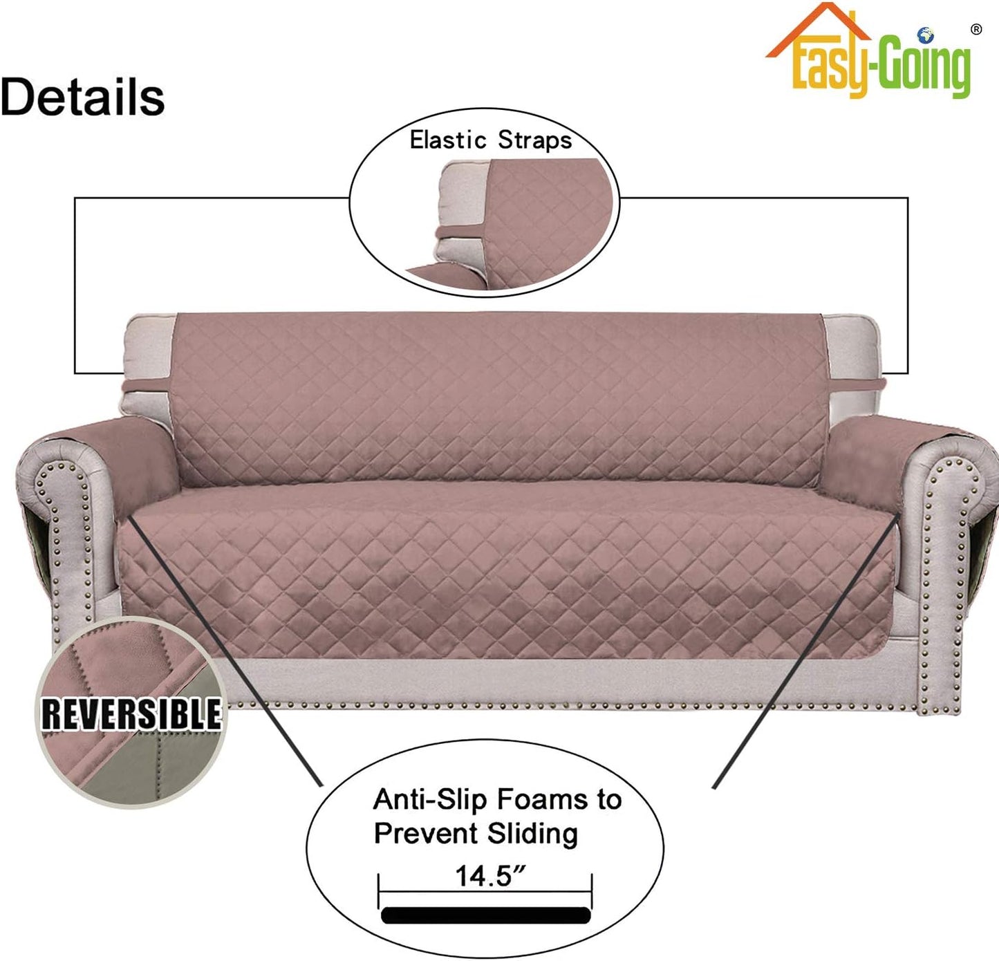 Easy-Going Reversible Loveseat Couch Cover for 2 Cushion Couch Sofa Cover for Dogs Water Resistant Furniture Protector with Foam Sticks Elastic Straps for Pet (Loveseat, Pink/Beige)