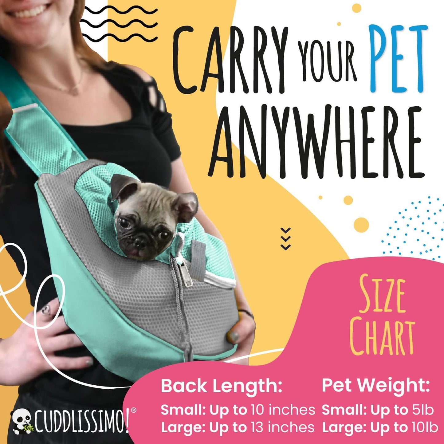 Pet Sling Carrier - Carefully Sized for Teacup & Toy Breed Puppies & Cats (Under 6lb) - Soft Pouch for Small Dogs, Yorkies, Chihuahuas - Ideal for Hands-Free Doggy Travel & Walks (Teal)