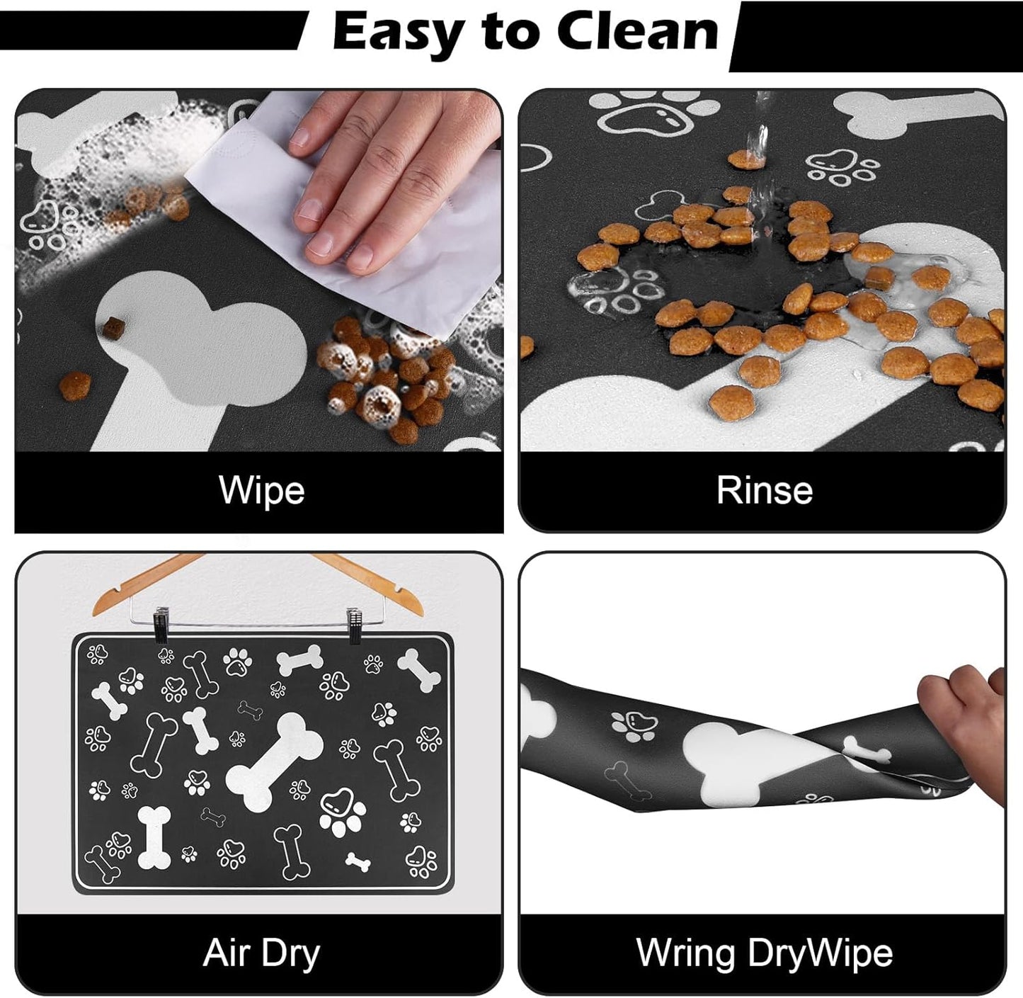 Pet Feeding Mat,Rapid Absorbent Mats for Dog Cat Food, Dog Placemat Water Bowl Mat with Rubber Backing,Messy Drinkers to Protect Floors, Pet Accessories 16"×24" Black