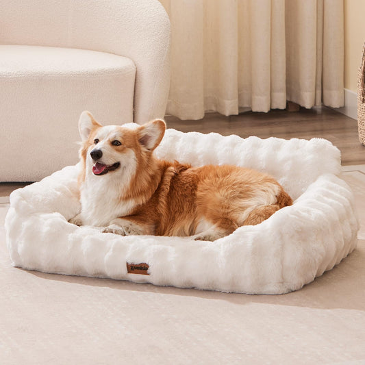 Dog Couch Bed - Fluffy Dog Sofa, Large Orthopedic Pet Sofa Bed with Removable Washable Cover, Faux Fur Calming Cute Pet Couch with Supportive Egg Foam and Non-Slip Bottom, Ivory White