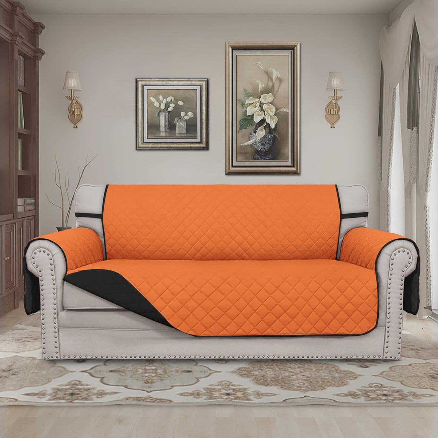 Easy-Going Sofa Slipcover Reversible Loveseat Sofa Cover Couch Cover for 2 Cushion Couch Furniture Protector with Elastic Straps for Pets Kids Dog Cat (Oversized Loveseat, Orange/Black)