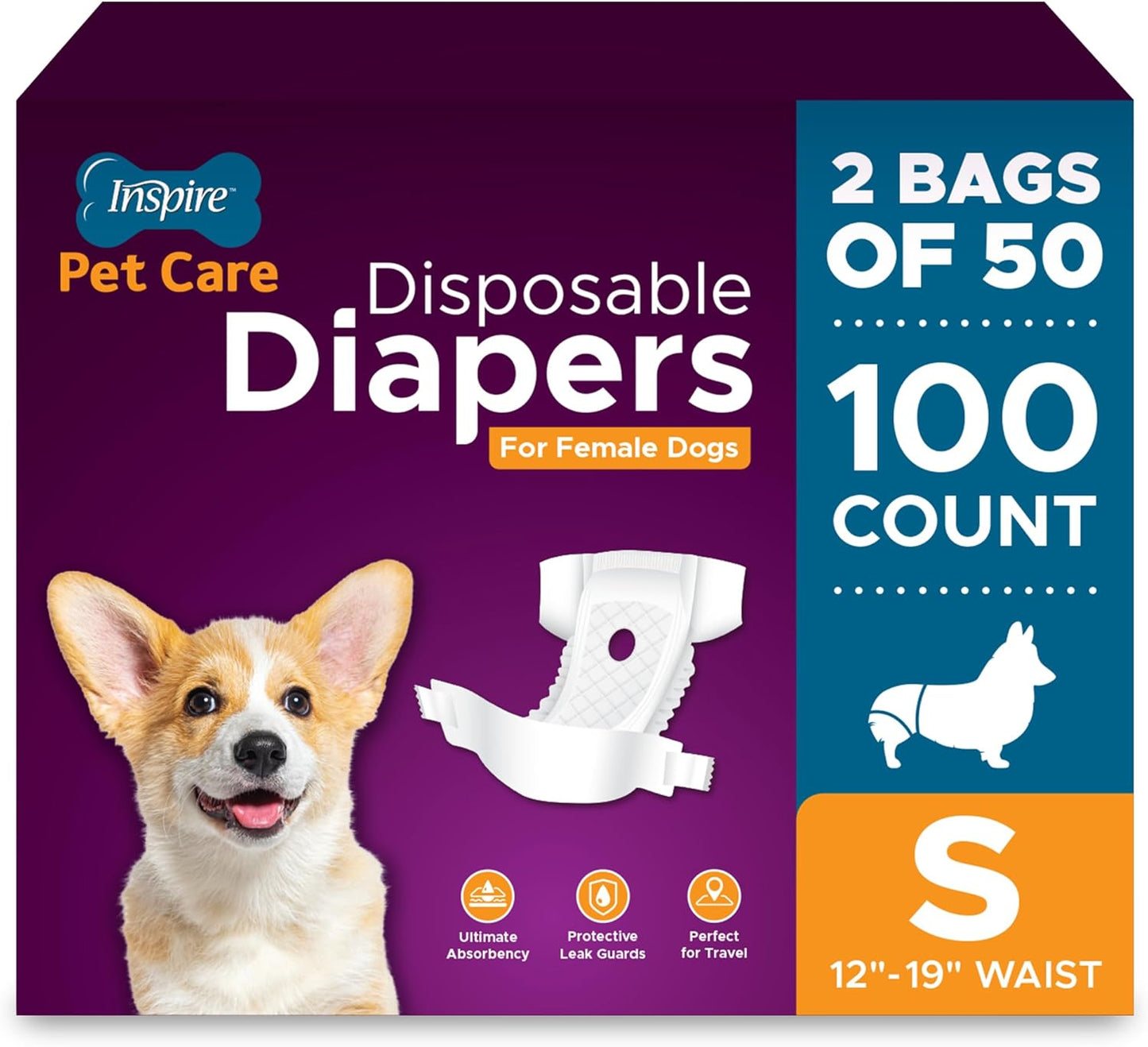 Inspire Pet Care Dog Diapers Female Dogs | Bulk Value Doggie Incontinence, Accidents, for Heat, Pee or Period and Housebreaking (Small (100 Count))