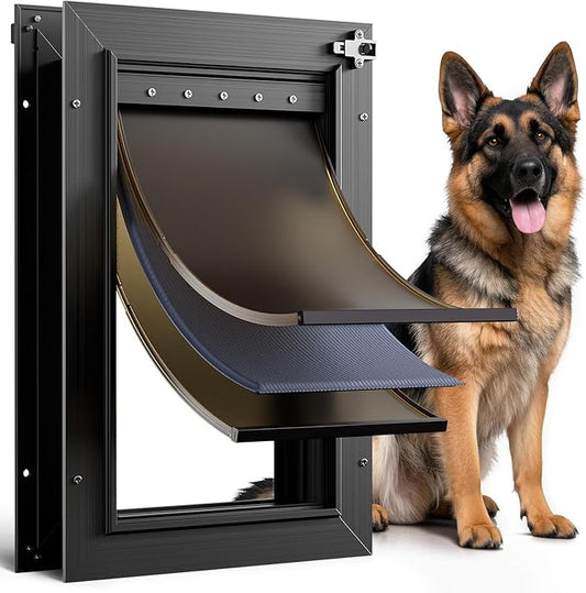 Dog Door for Door All Aluminum 3 Flaps Black, Large Dog Doggy Doggie Door, Heavy Duty Pet Door for Dogs Cats, with Insulation Flap, Telescoping Tunnel, Sliding Closing Panel, for Pets Up to 110lb