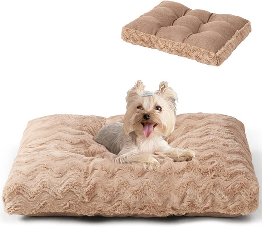 EHEYCIGA Reversible Dog Crate Bed Washable, Comfort Fluffy Plush Dog Kennel Pad for Small Doggie and Cats, Deluxe Machine Washable Pet Sleeping Mats, 23" x 18"x 3", Camel