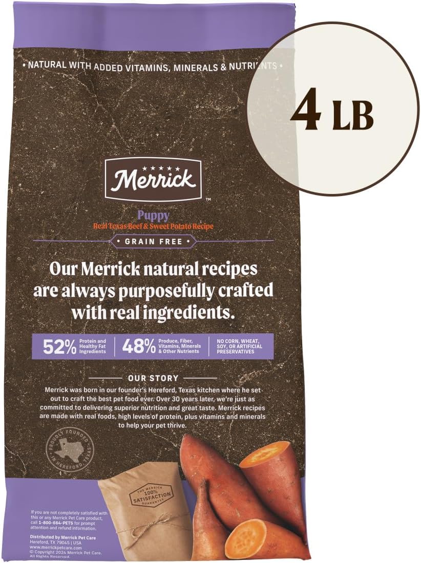 Merrick Premium Grain Free Dry Puppy Food, Wholesome And Natural Kibble With Real Texas Beef And Sweet Potato - 4.0 lb. Bag