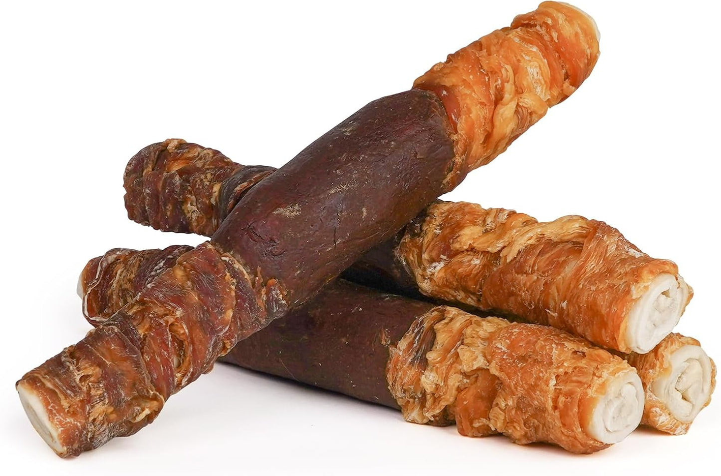 MON2SUN Dog Treats Triple Flavor 9 Inch Chicken Liver Duck and Chicken Wrapped Rawhide Rolls, Teeth Cleaning and Long Lasting Chews for Medium and Large Dogs, 22.2 oz(4 Count)