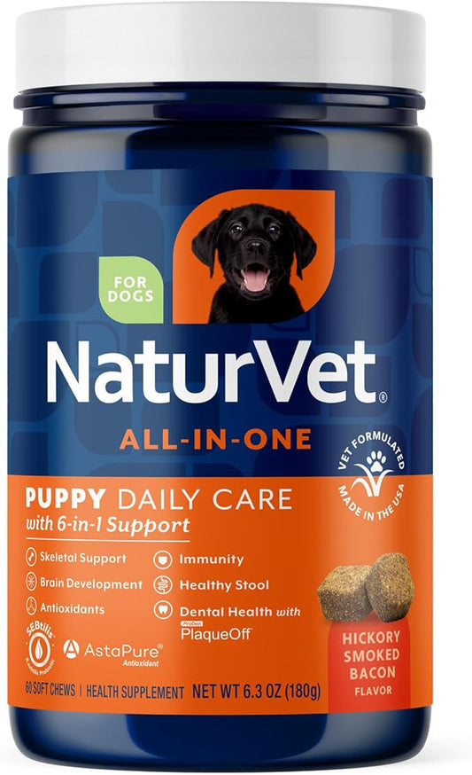 NaturVet All-In-One Puppy Daily Care, 6-In-1 Support Dog Soft Chews to Help Bones, Joints, Digestion, Teeth, Cognition, and More, Hickory Smoked Bacon Flavored Pet Supplement for Puppies, 60 Count Jar