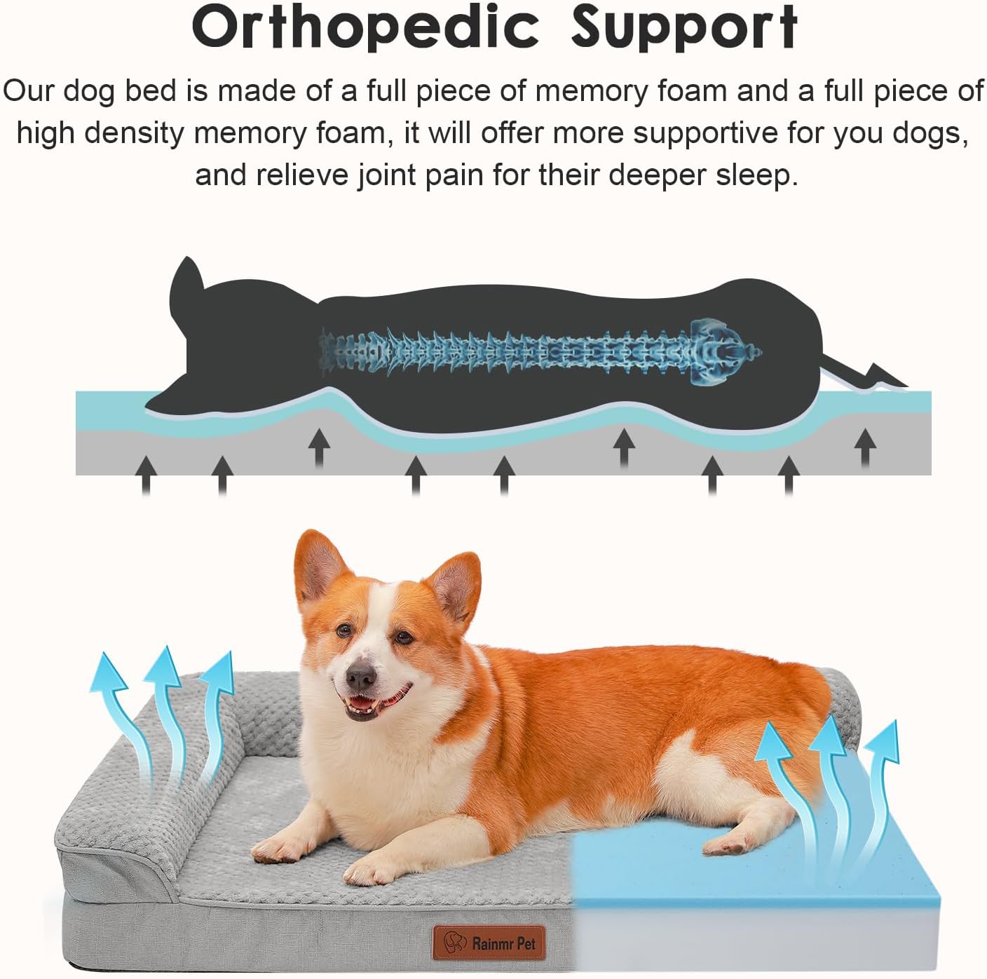 Orthopedic Dog Beds Large Sized Dog, Memory Foam Pet Bed for Medium and Large Dogs, Washable Removable Cover, Nonskid Bottom, Waterproof, 41x27x6 Inches, Light Grey