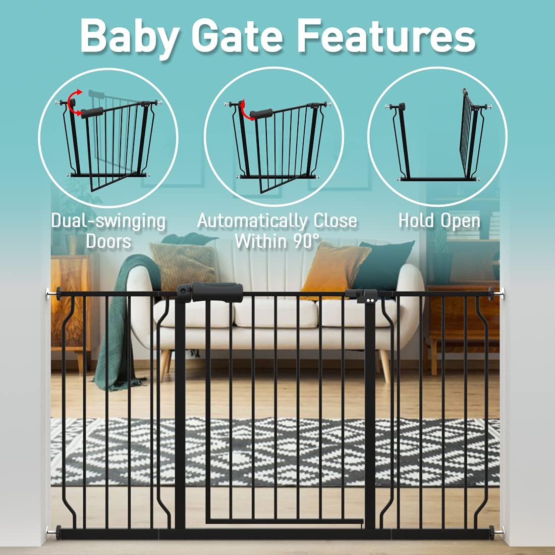 WAOWAO Baby Gate 66.93-71.65" Extra Wide Pressure Mounted Walk Through Swing Auto Close Safety Black Metal Toddler Kids Child Dog Pet Puppy for Stairs,Doorways,Kitchen