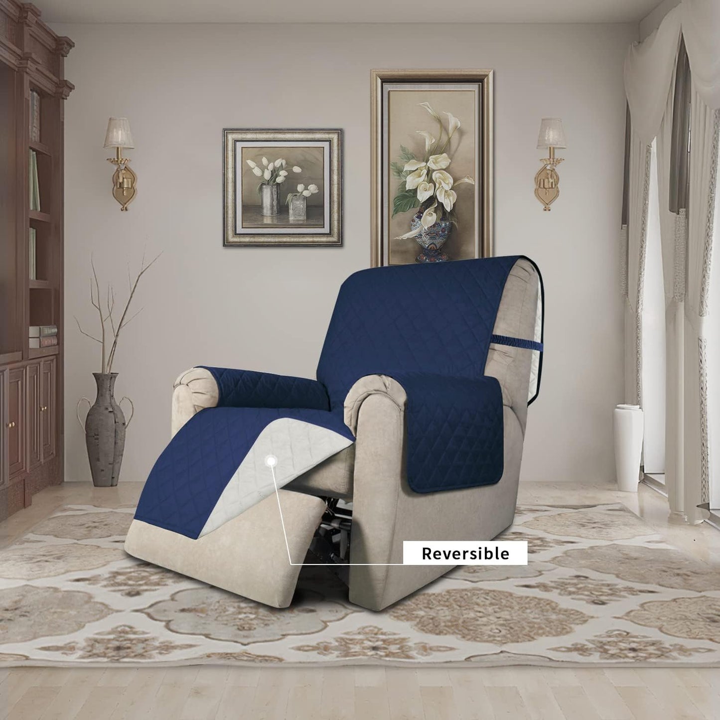 Easy-Going Recliner Chair Slipcover Reversible Sofa Cover Water Resistant Couch Cover Furniture Protector with Elastic Straps for Pets Dog (Recliner 22 inch, Navy/Ivory)